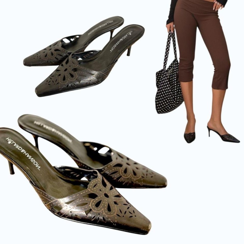90's Y2K Rare Vtg Hillard & Hanson Lace Cut-Out Leather Mules sz. 8🖤 - Picture 2 of 6